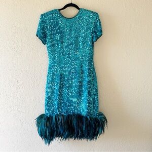Naeem Khan Riazee Night Blue Vintage Silk Full Sequin Feather Trim MIDI Dress